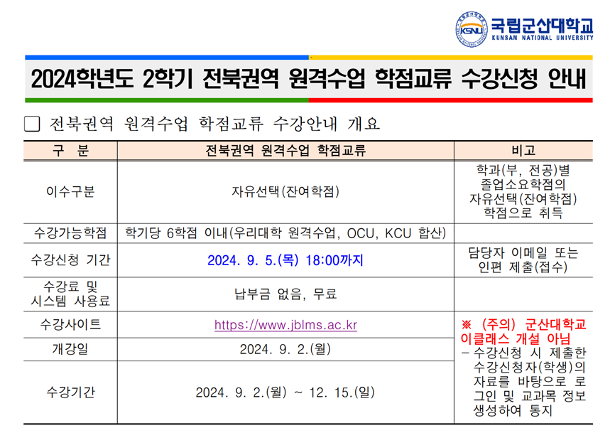 2024.2학기 전북권역 원격수업 학점교류 안내