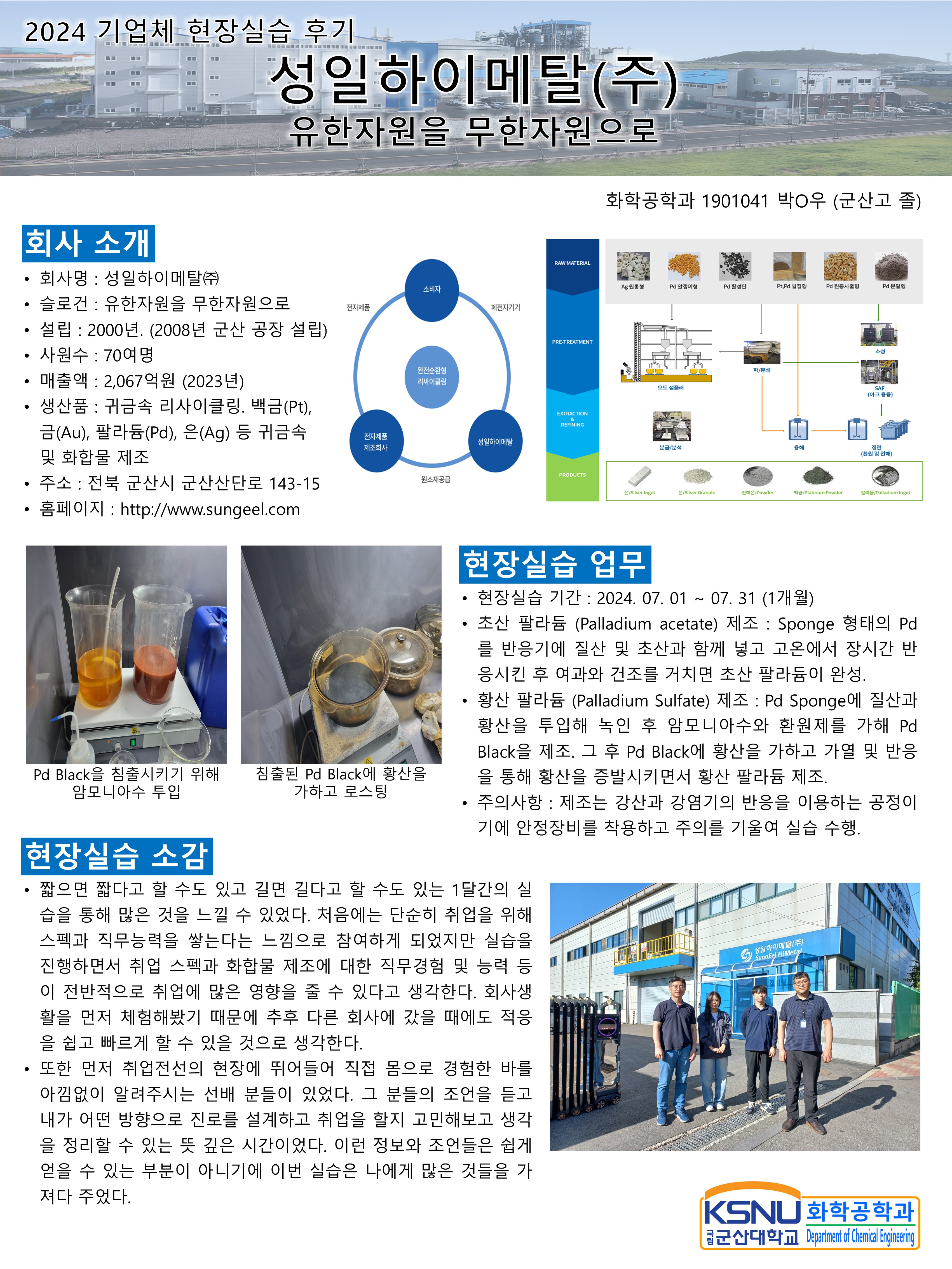 기업체 현장실습 (성일하이메탈) 후기 (박O우. 군산고 졸)