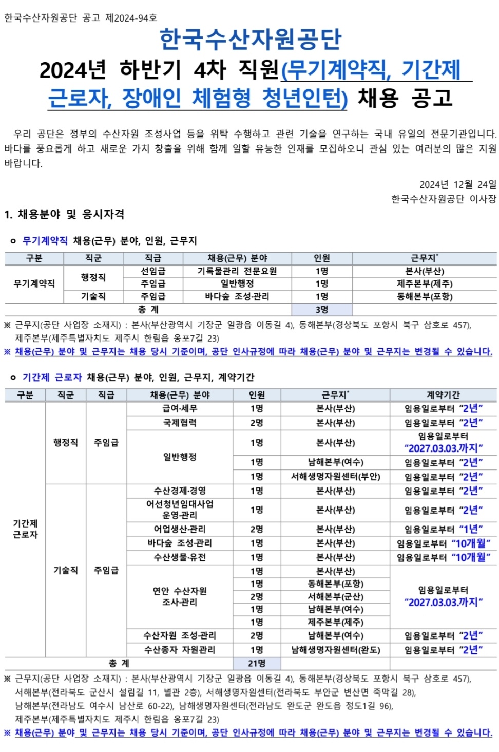 한국수산자원공단 2024년 하반기 4차 지원 채용 공고