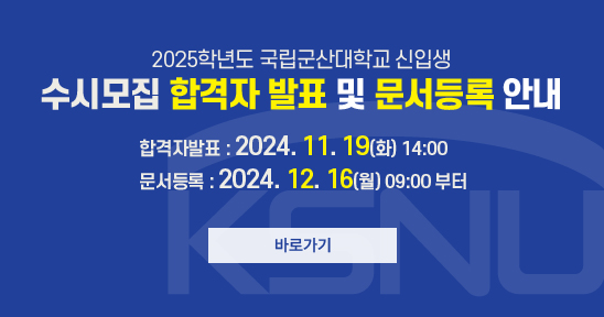 2025학년도 국립군산대학교 신입생 수시모집 합격자 발표 및 문서등록 안내
합격자발표 : 2024. 11. 19(화) 14:00
문서등록 : 2024. 12. 16(월) 09:00 부터
바로가기